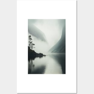 Misty Fjord Landscape Scandinavian Nature Lone Tree Minimalist Art Posters and Art